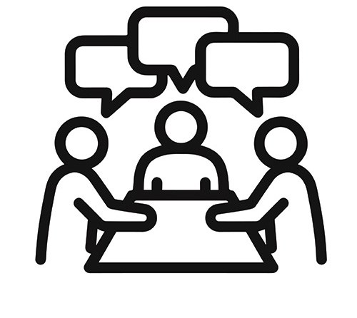 Icon line drawing of three people at a table talking.