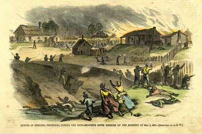 Colorized drawing of an 1866 newspaper depicting Black citizens running in fear