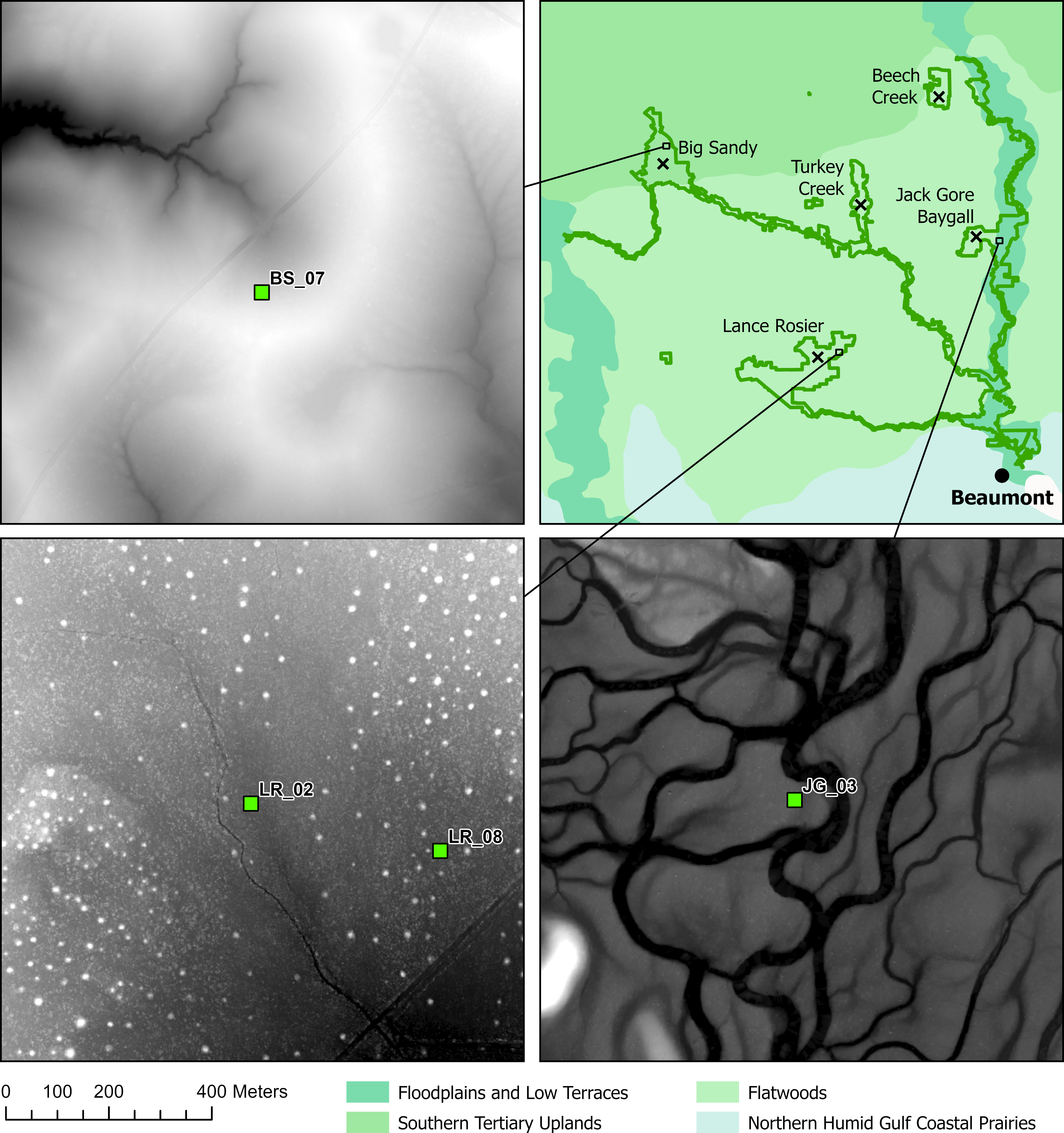 Maps of different areas of the Preserve, using elevation to show differences in landform