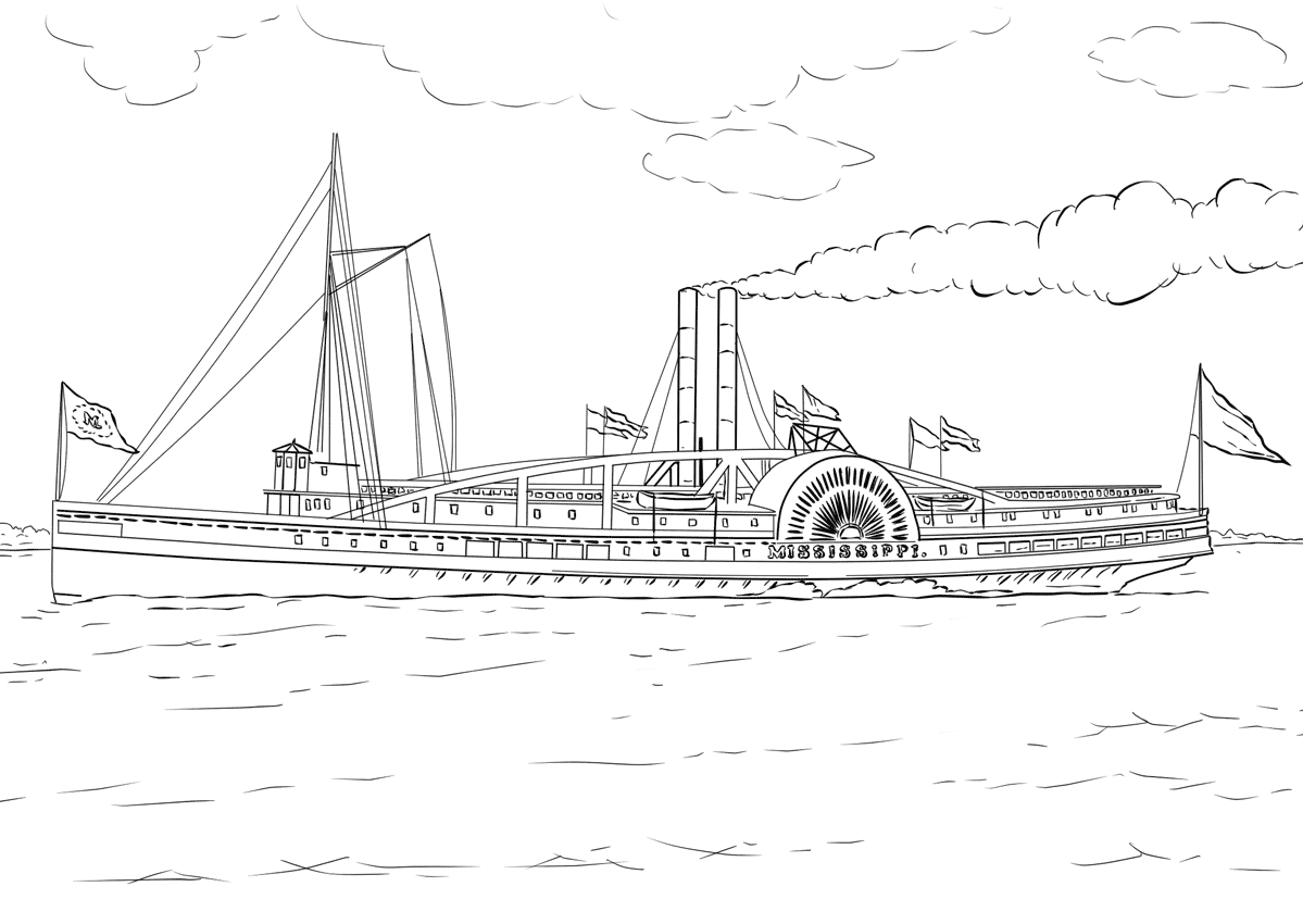 outline of a steamboat surrounded by flags and traveling on a body of water.