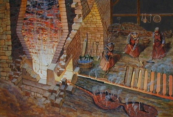 Painting set in the 18th century of three men working in a room with molten iron flows from a furnace stack at Hopewell Furnace.
