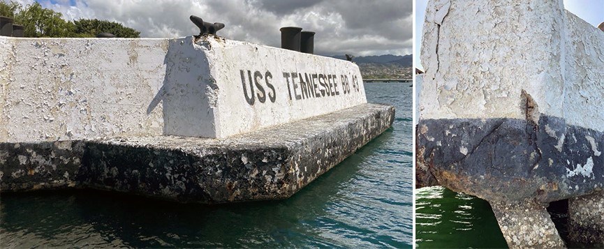 Photo of side of mooring quay showing peeling paint. On right, closeup of corner with concrete corrosion