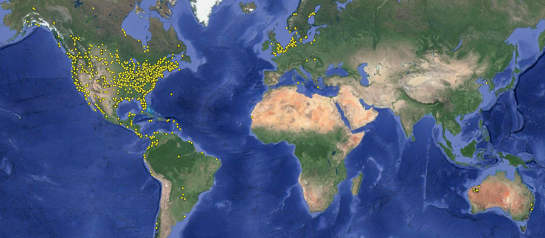A map of the world with numerous yellow points, primarily centered in North America with a cluster in northern Europe and scattered points elsewhere.