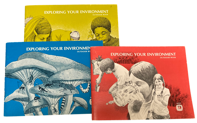 Three brightly colored NEED handbooks