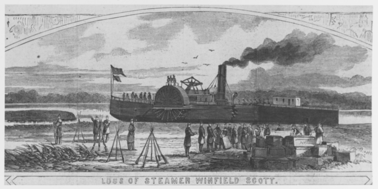 An illustration of the "Loss of Steamer Winfield Scott" during the Civil War.