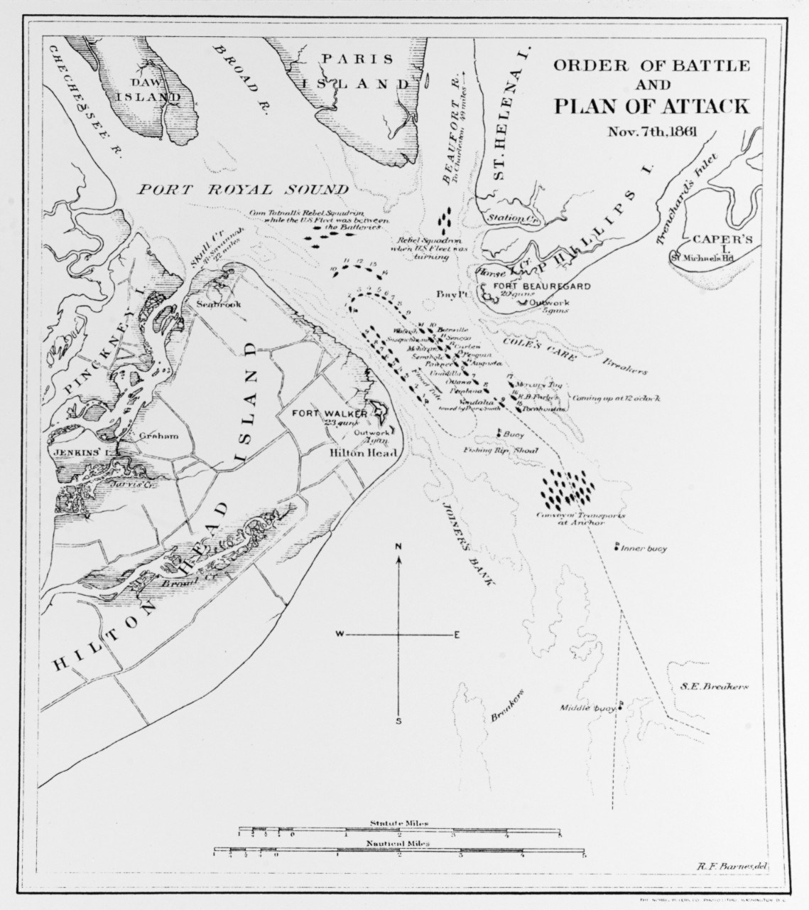 A map from the Civil War of the Port Royal Sound showing Confederate forts.