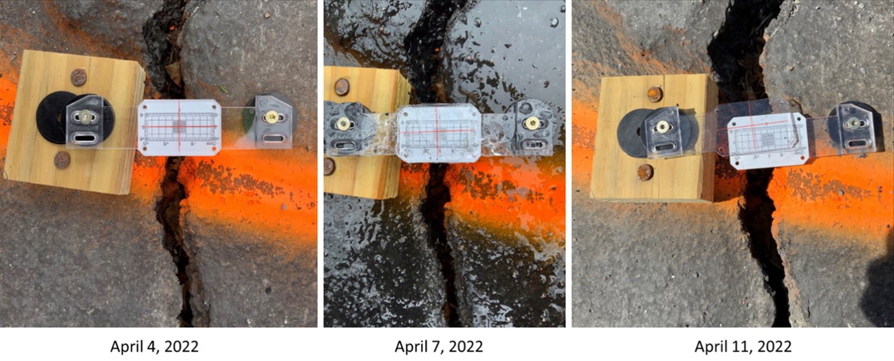 On April 4, 2022, a crack sensor's red crosshairs are level and centered over a grid mounted to the other side of the crack in a road (left). 3 days later, they are slightly askew (center). By April 11, the crosshairs are off the grid entirely (right).