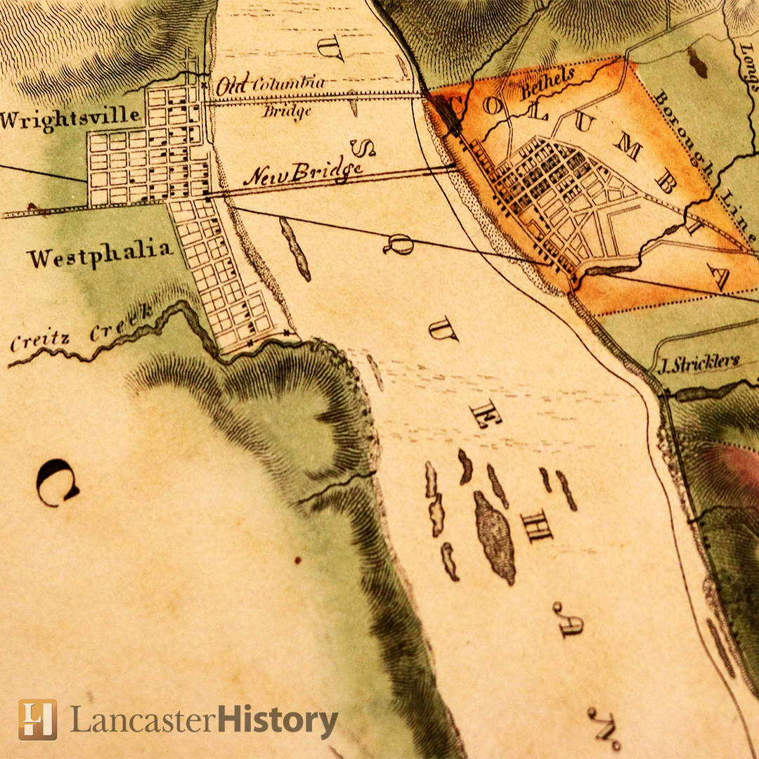 Color  1824 historic map that shows three towns along a large river in Pennsylvania. The top left town is Wrightsville. The bottom left town is Westphalia. Below Westphalia is Creitz Creek.  Across the river is a large town called Columbia on the right.