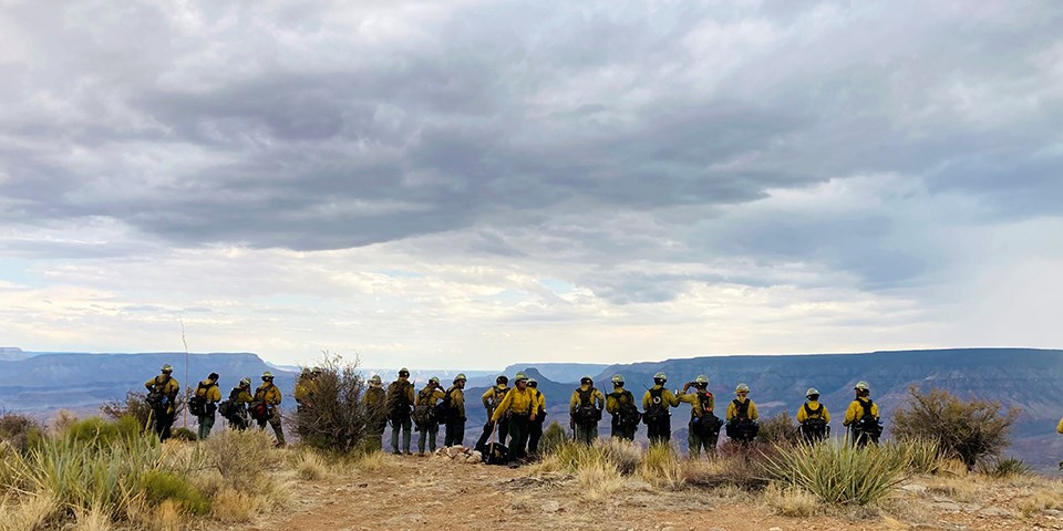 A line of firefighters stand on a ridge looking out into an extensive canyonland.