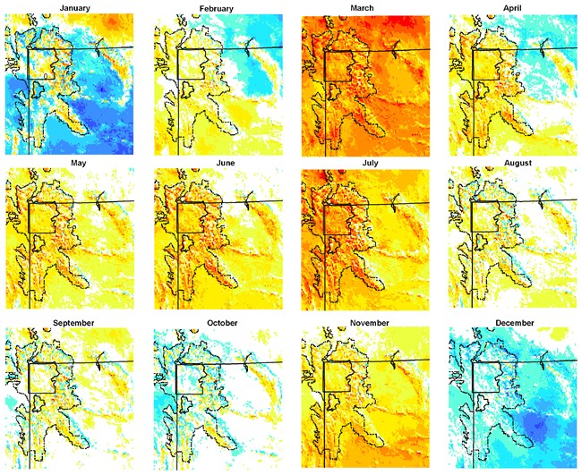 Grid of 12 color-coded maps of air temperature for each month of the year.