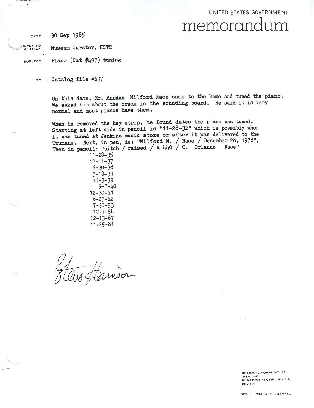 Memorandum, Museum Curator, Harry S Truman National Historic Site, regarding piano, 30 September 1985.