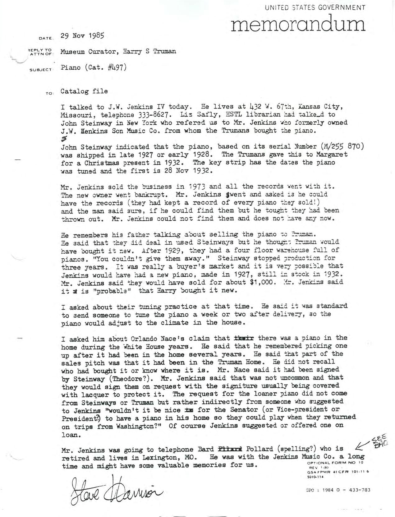 Memorandum, Museum Curator, Harry S Truman National Historic Site, regarding piano, 29 November 1985.