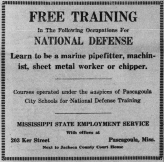 Newspaper ad for "Free Training in...National Defense..." through the Mississippi State Employment Serice. See caption for full text.