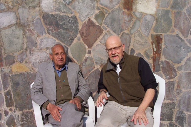 Nek Chand and Tony Rajer at the Rock Garden office.