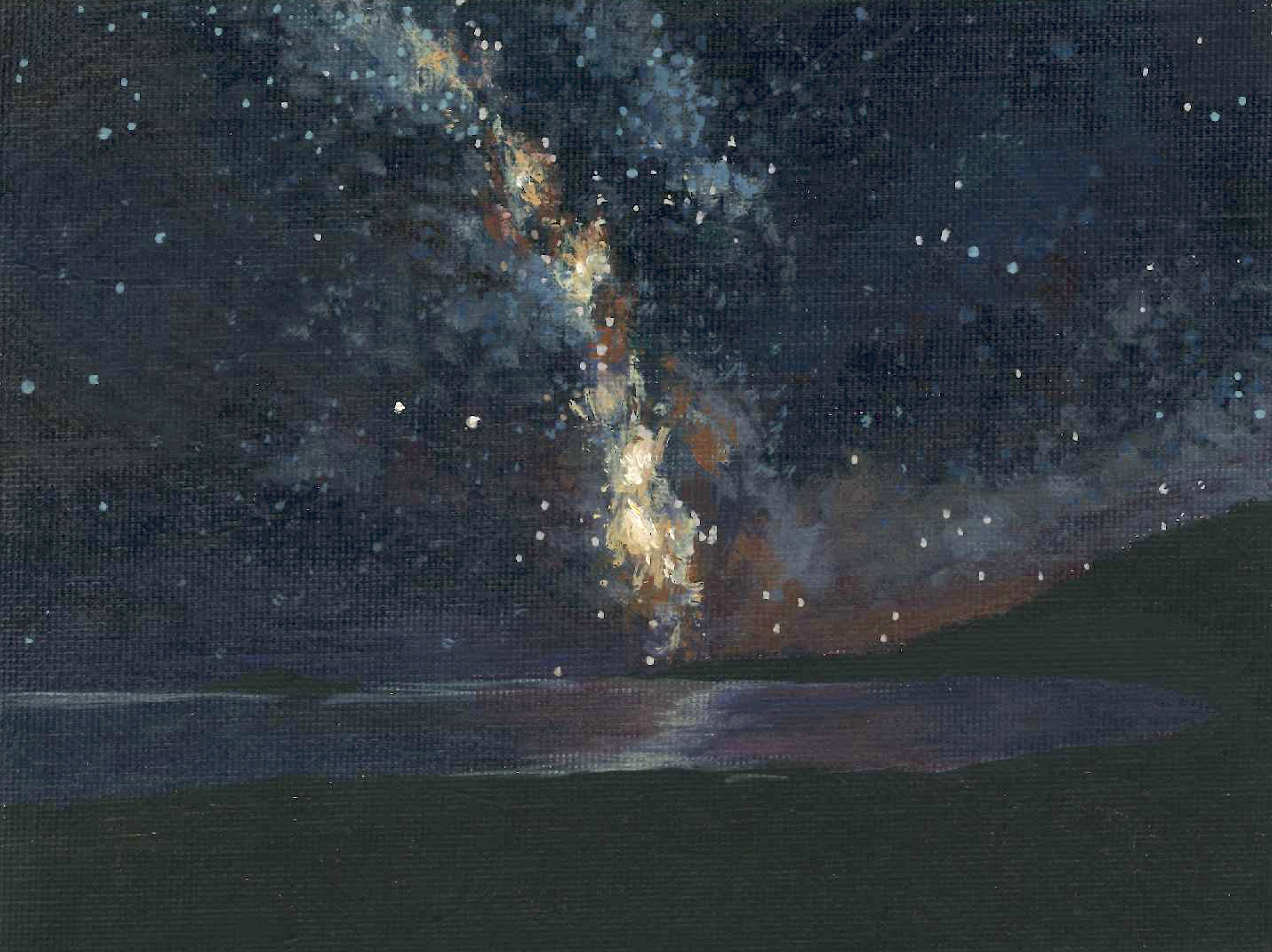 Acrylic painting of the Milky Way arching across a purple and blue sky above a beach