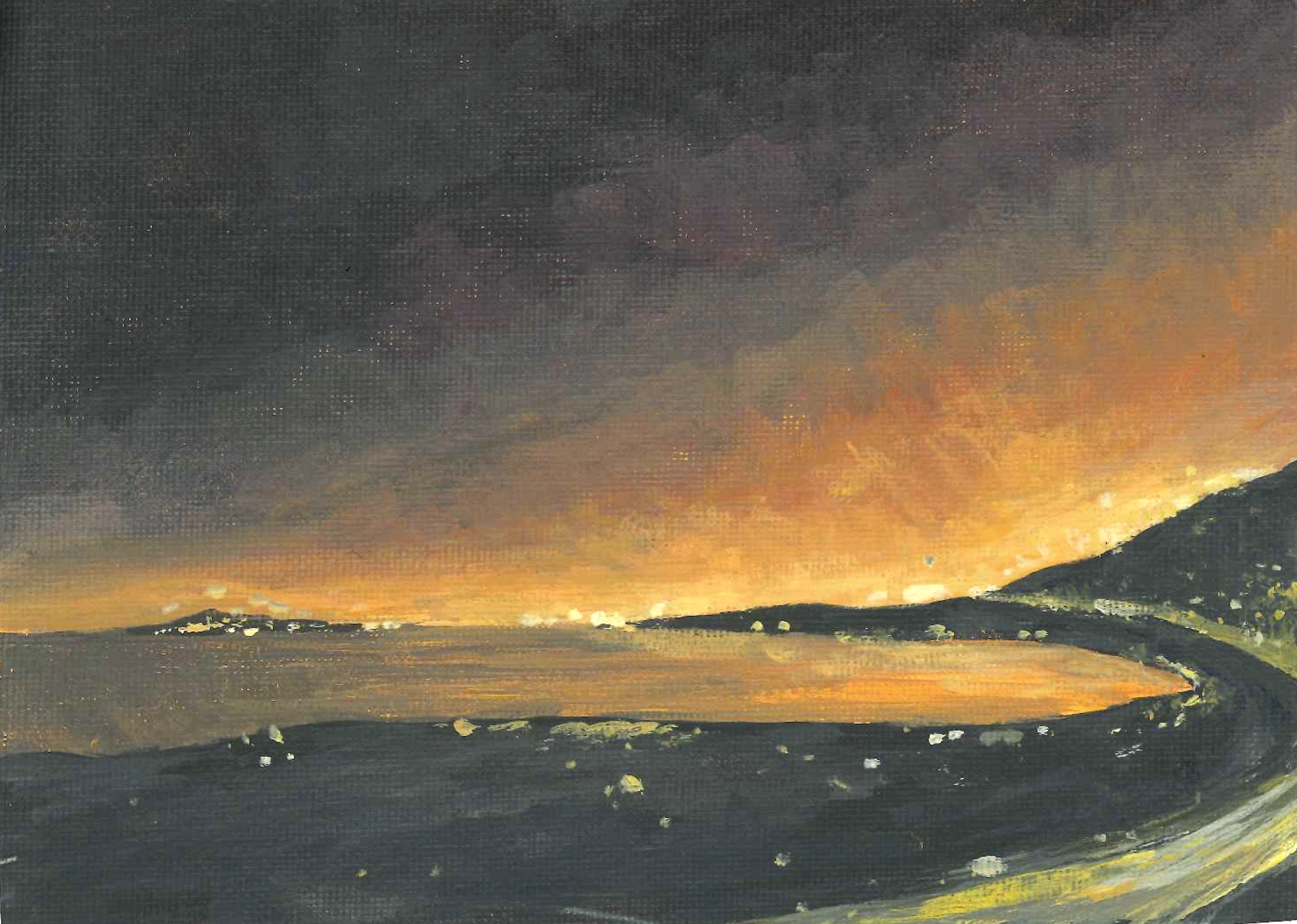 Acrylic painting of an orange hazy light inhibiting views over a beach
