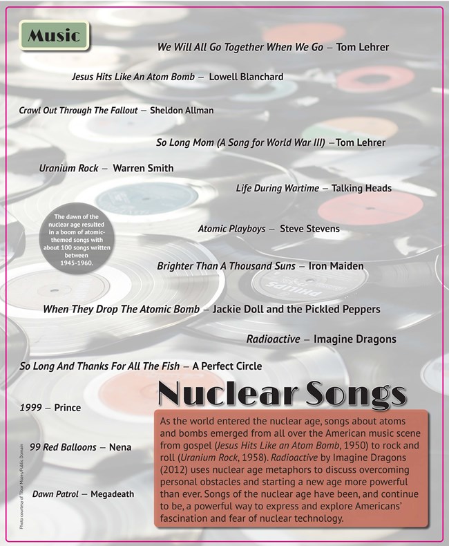 An exhibit panel with lists of songs and images of records.