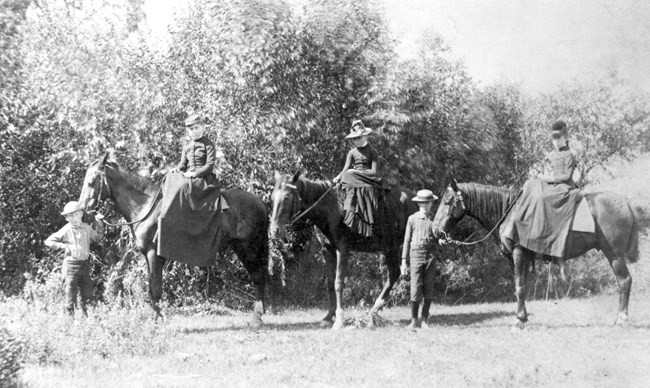 Five kids on horseback posing a wooded area, with greenery and tree trunks visible in the background