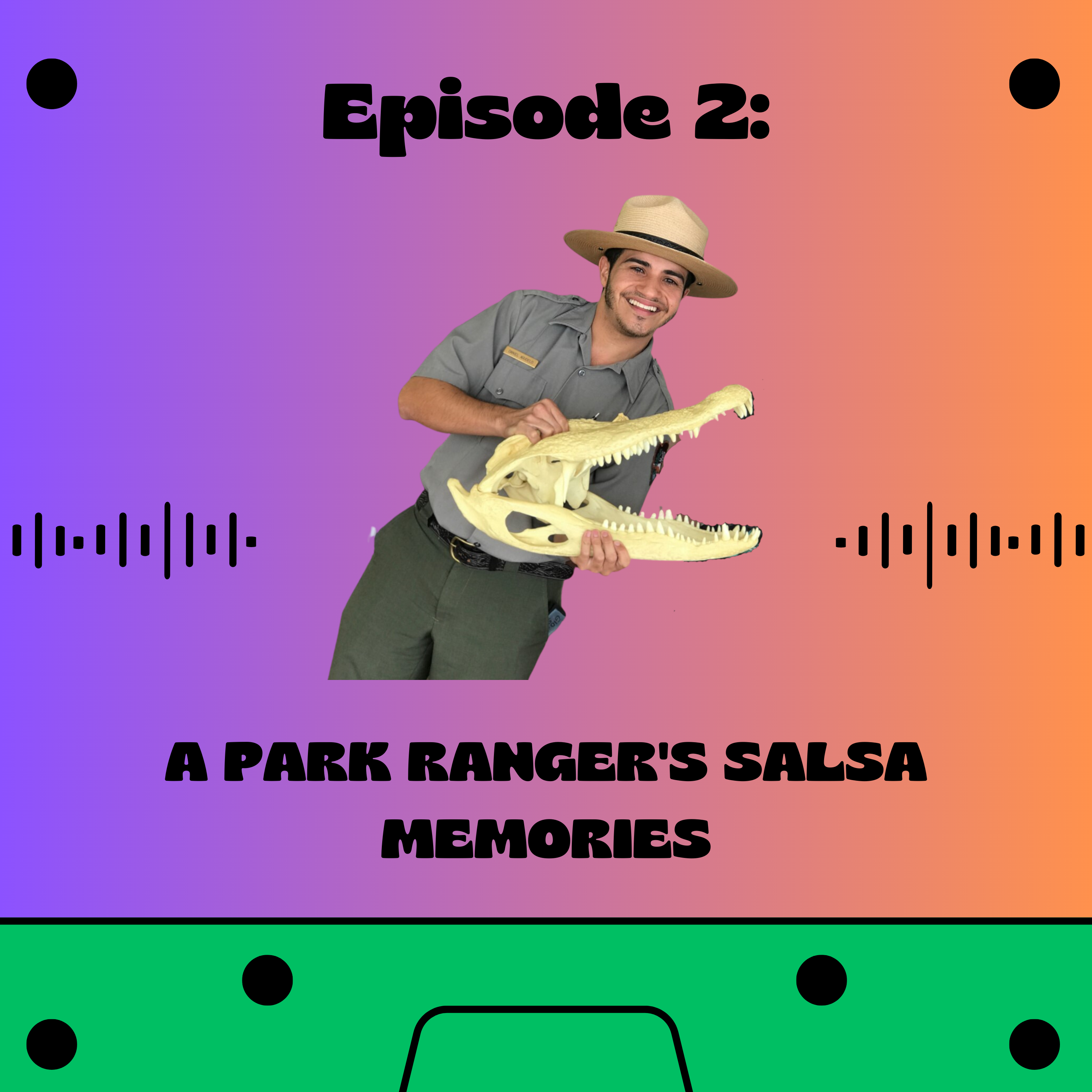 The cover for Episode 2 of the Oíste? Podcast series. The text on the photo reads Oíste? Podcast A Park Ranger's Salsa Memories. There is a picture of a park service employee holding a crocodile cranium in the middle.