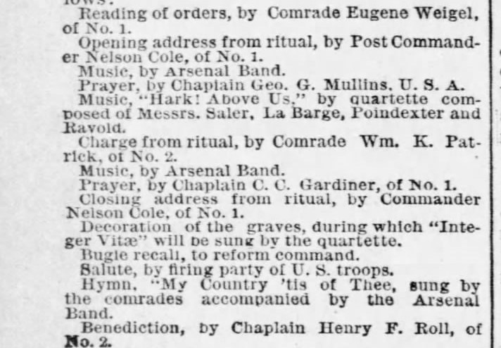 Newspaper article listing order of events for 1883 Decoration Day Ceremony at Jefferson Barracks.