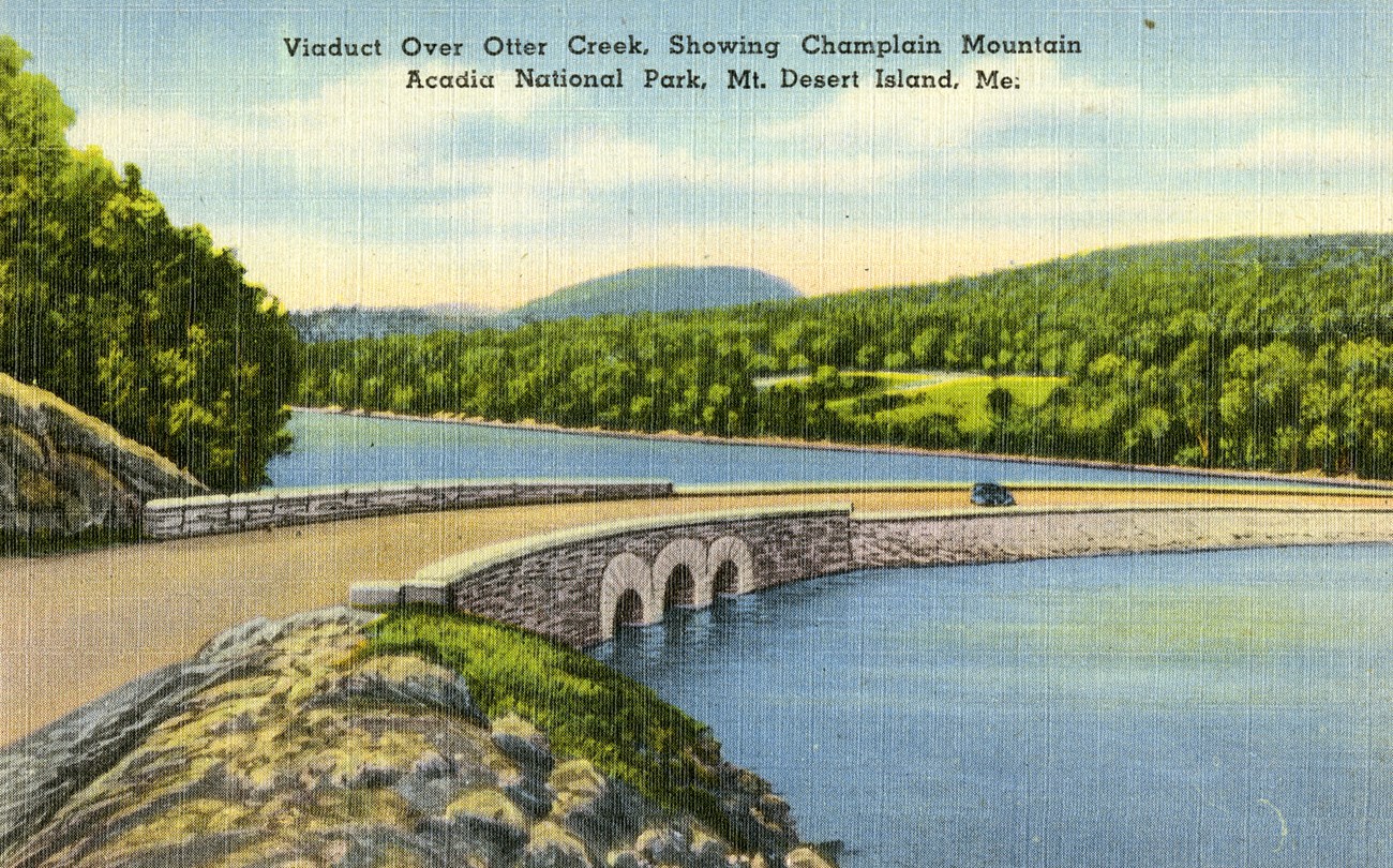 Old, scenic poster showing a stone viaduct with just three small arches through it to allow passage of a large expanse of blue water. Verdant green forested hills and mountains stretch into the distance.