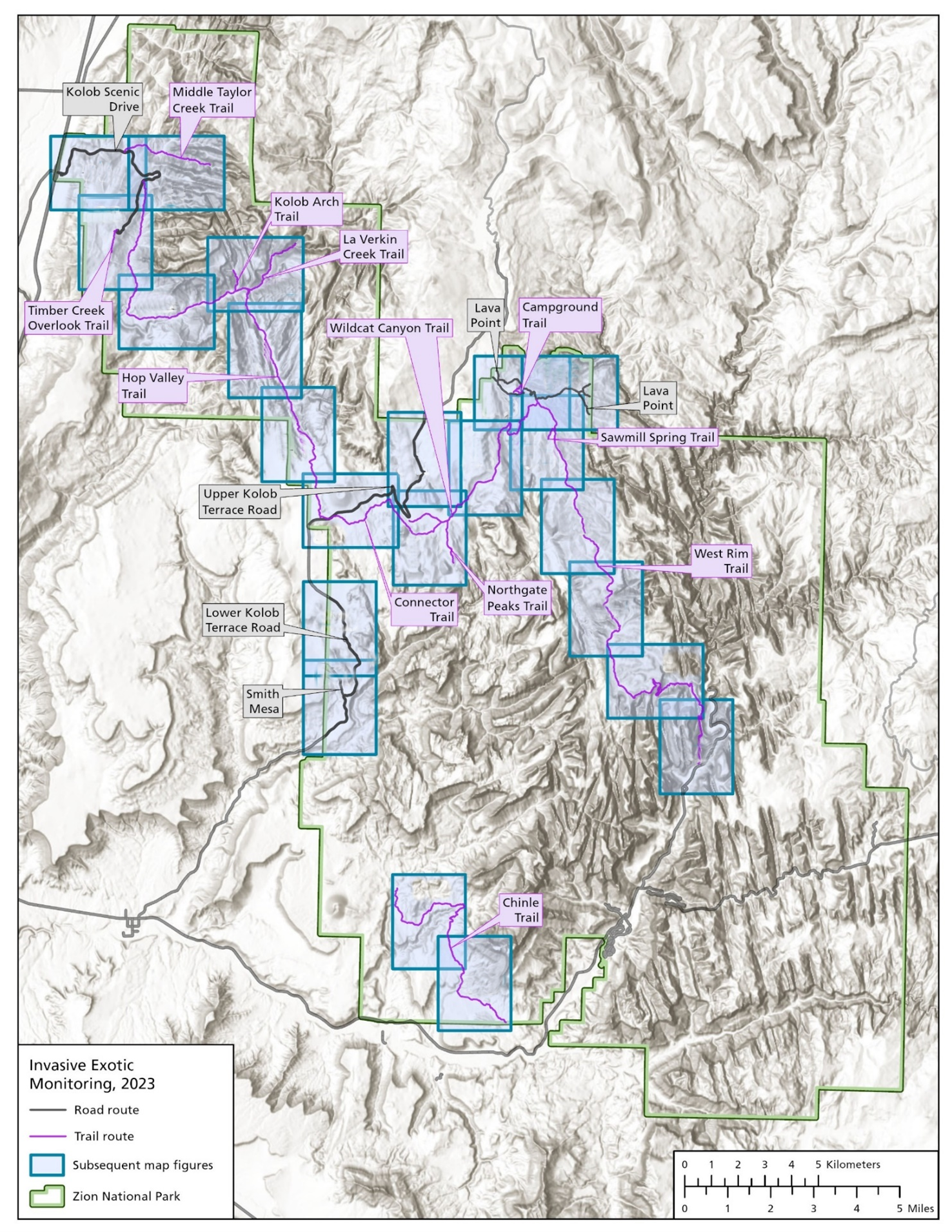 Map of all invasive plant monitoring routes surveyed across Zion National Park.