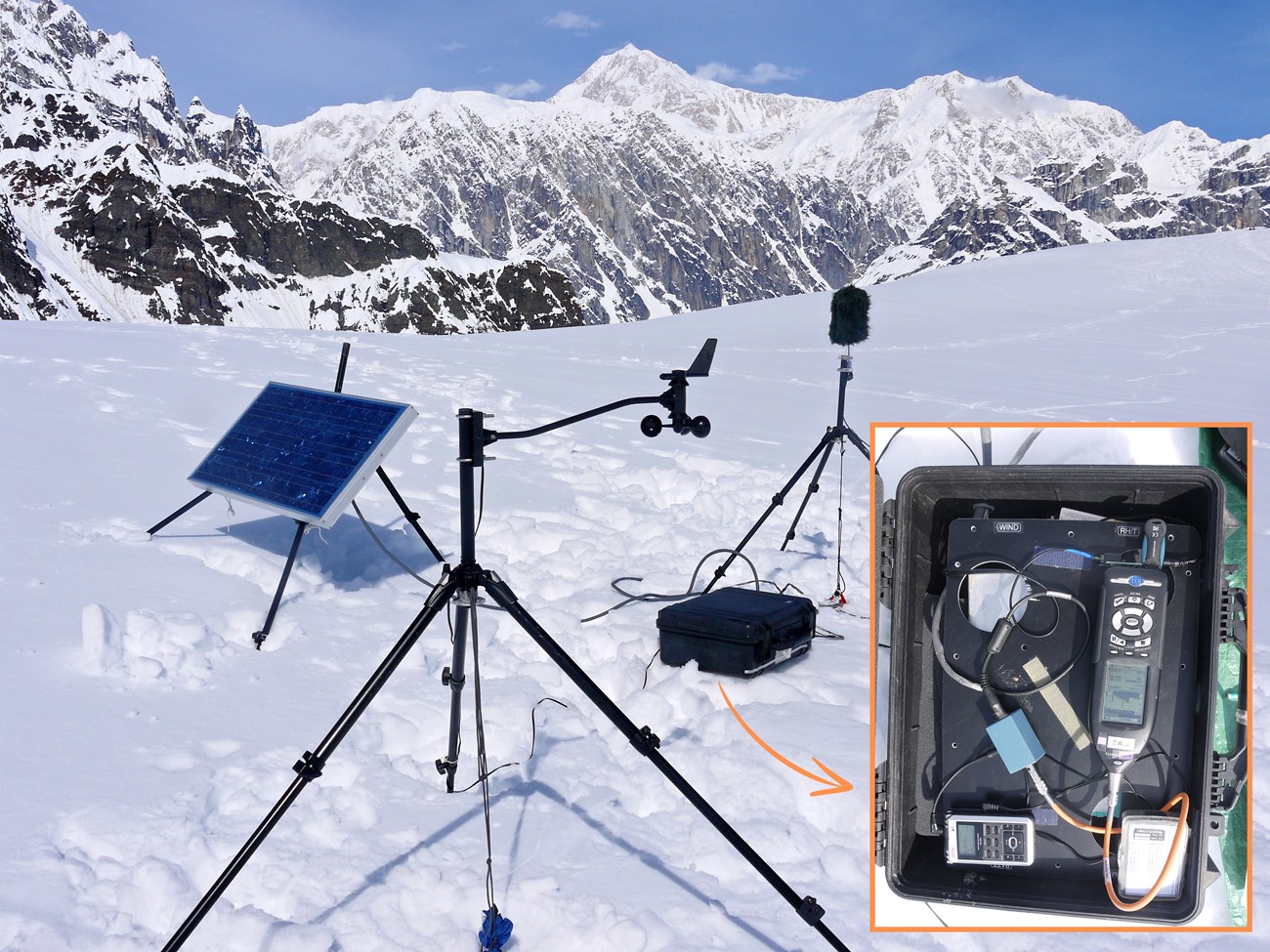 Microphone, wind weather station, and solar panel wired to a weatherproof box on a snowy expanse backed by rugged mountains. Inset: Recording equipment all wired up inside the weatherproof box.