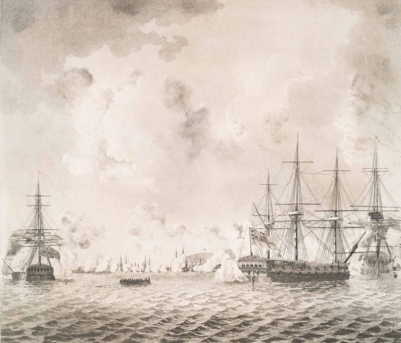 Three ships barring the British Naval Jack in the foreground, bombard a smoke covered Fort Mifflin in the background, with the Fort’s flag just visible through the smoke.