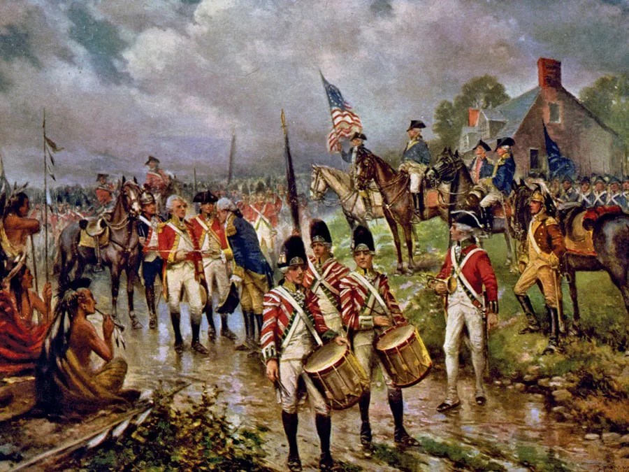 British Drummers stand on a wet, muddy, road as Native Warriors watch American and British Generals exchange a sword of surrender, and rain clouds fill the sky.