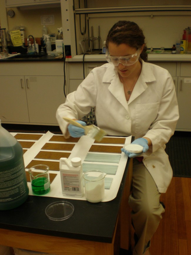 Anna Muto is applying Rust Reformer rust converter to corroded metal samples.