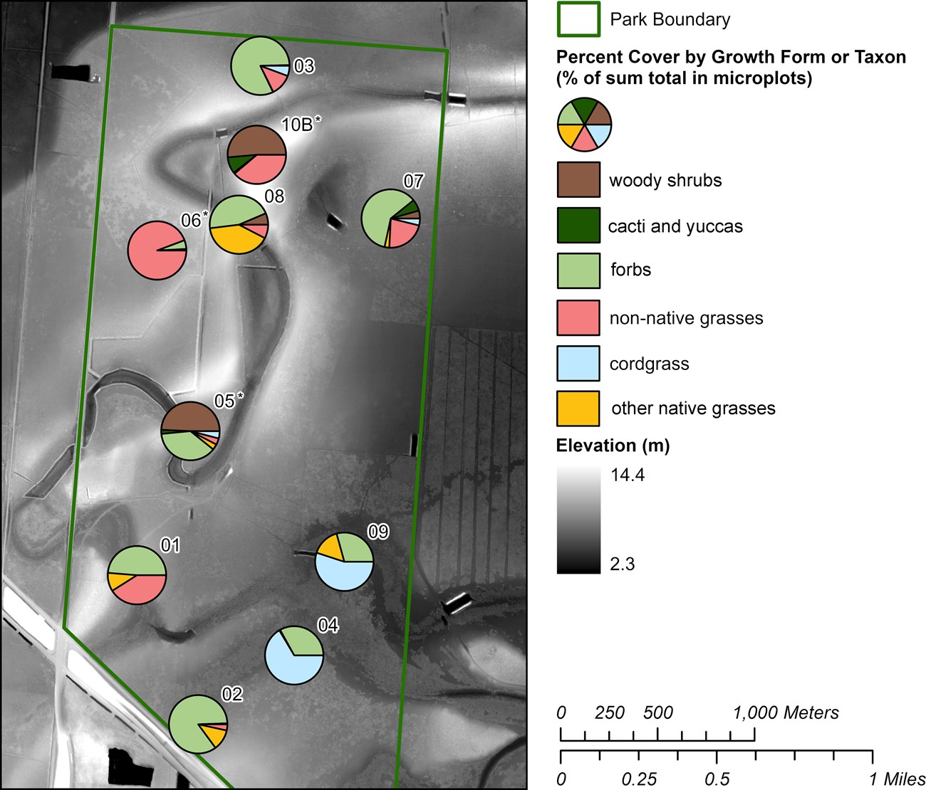 Map showing relative percent cover of vegetation growth forms or taxa withing vegetation monitoring plots at Palo Alto Battlefield.