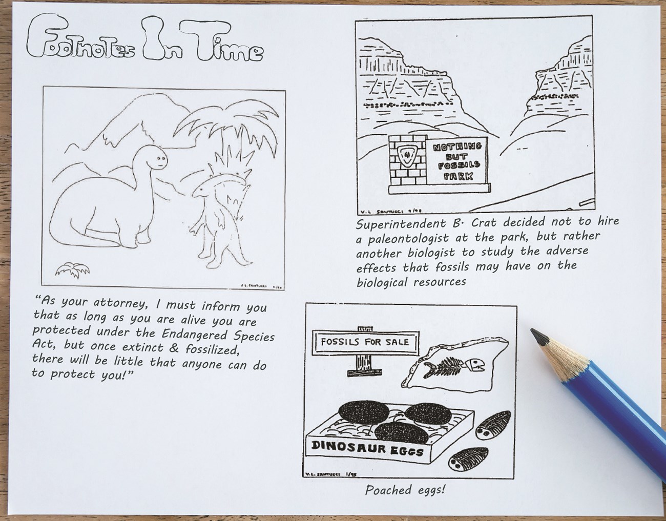 Three cartoons drawn on paper. 1: two dinosaurs talking in front of a volcano. 2: Badlands features with a sign “Nothing But Fossils Park”. 3: A carton of dinosaur eggs, trilobites, and a fish fossil with a sign “Fossils for Sale”.
