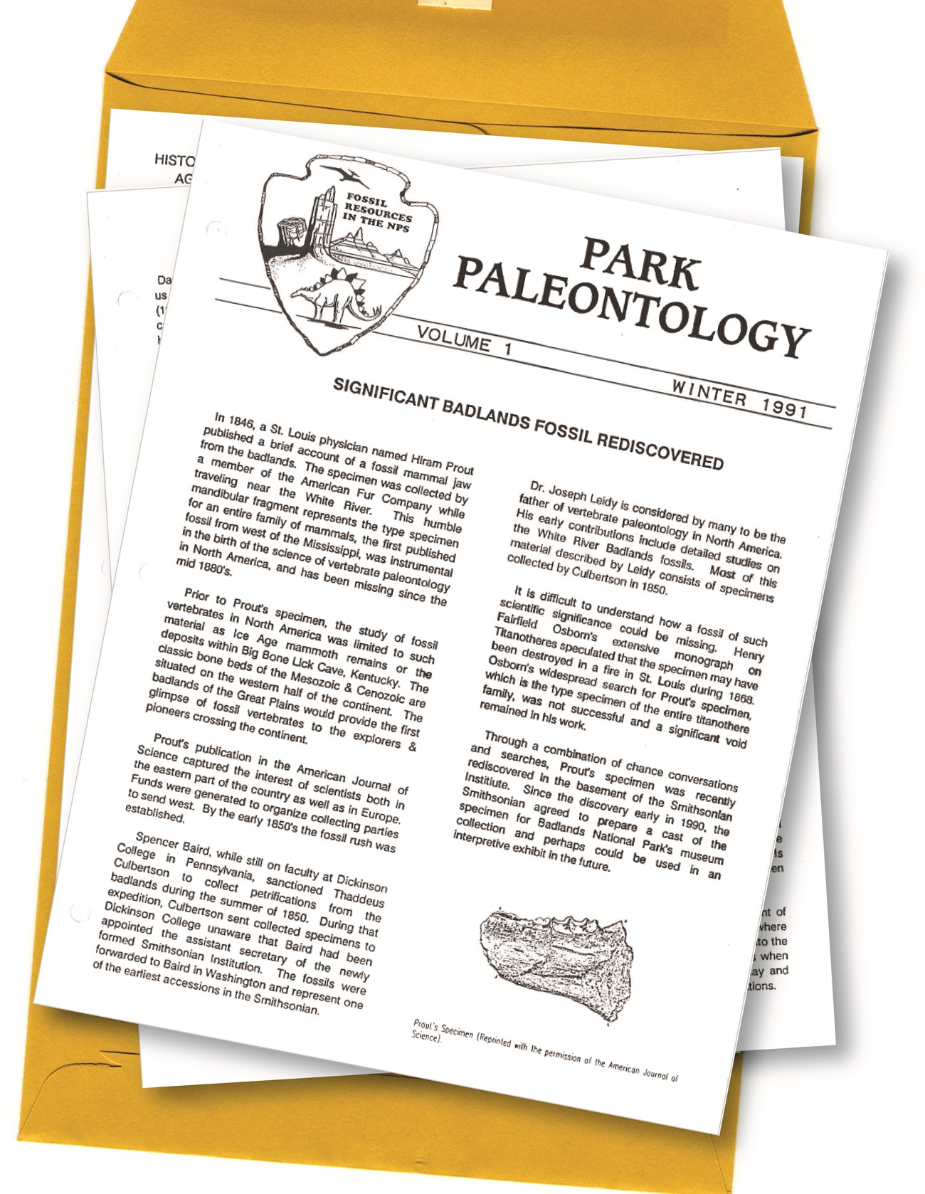 The first Park Paleontology newsletter stacked on top of a manila envelope. An arrowhead-shaped logo with a stegosaurus, pterosaur, badlands, and petrified wood reading “Fossil resources in the NPS” is at the top.