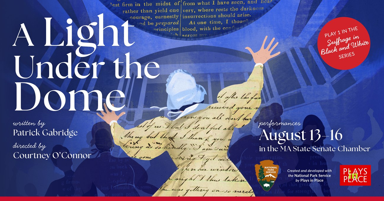 event graphic of Light Under the Dome, featuring a rendering of a women speaking in front of a crowd.