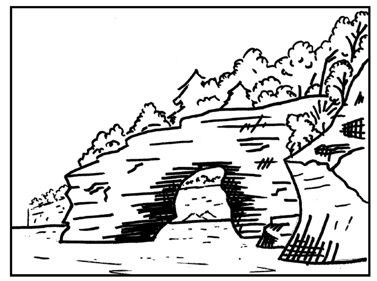 Black and white drawing of the cliffs for you to color.