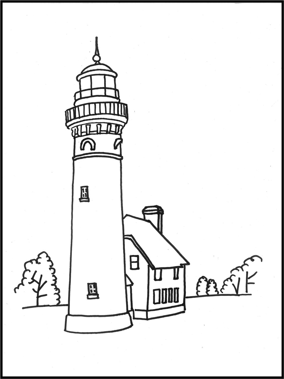 Black and white drawing of the Au Sable Lighthouse for children to color.