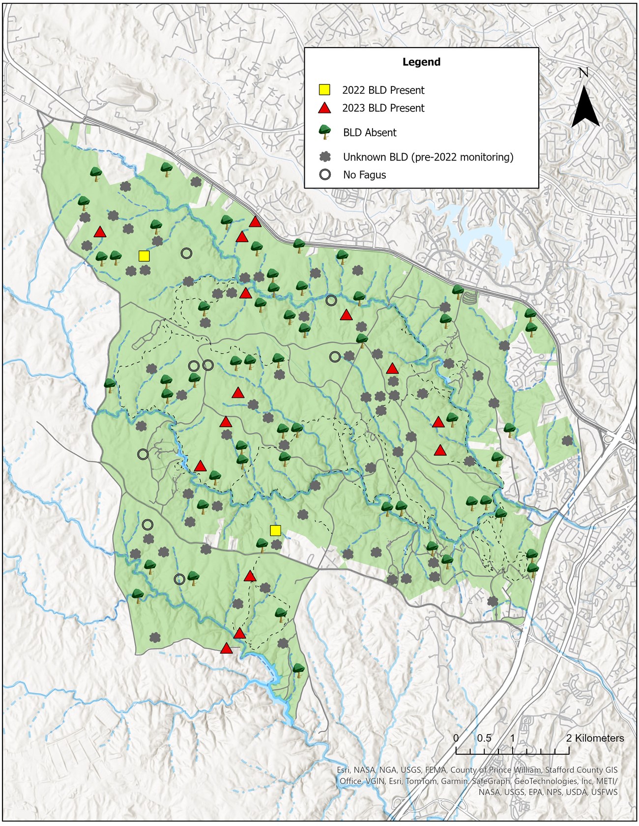 A map of Prince William is highlighted in green against a grey background. Refer to narrative description for further explanation.