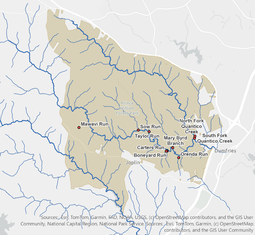 Map showing location of biological stream survey sites and rivers and streams at Prince William Forest Park.