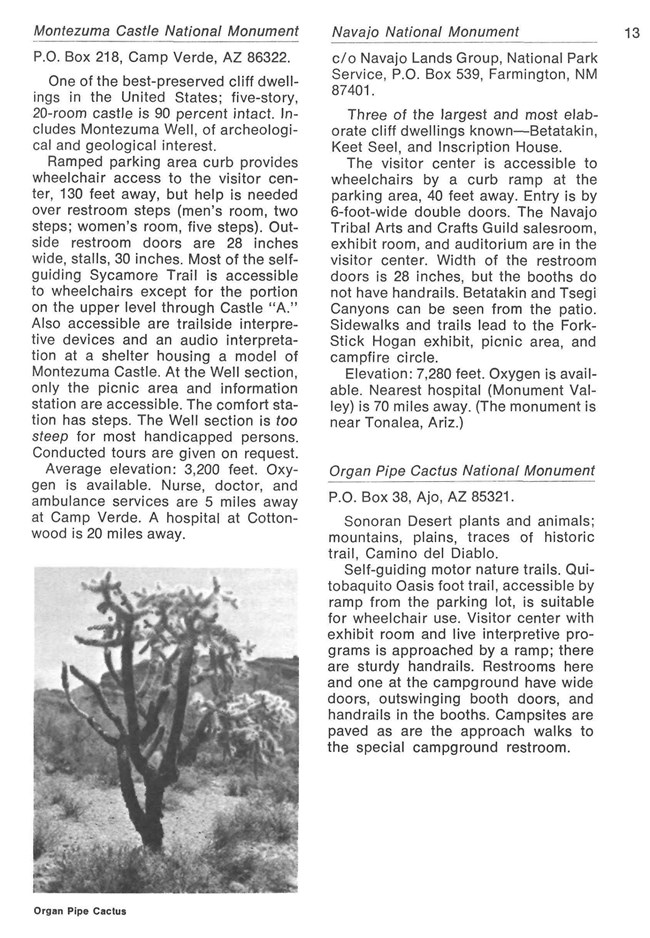 A sample page from The National Park Guide for the Handicapped featuring information about Montezuma Castle National Monument, Navajo National Monument, and Organ Pipe Cactus National Monument.