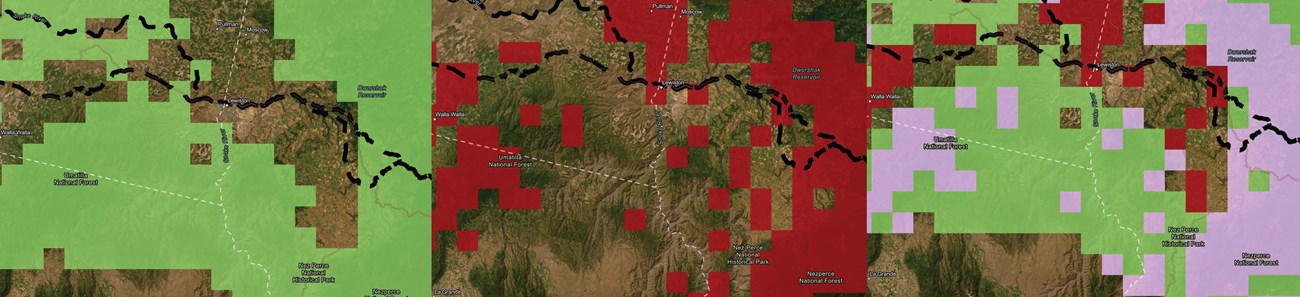 Maps with green, red, and purple highlights