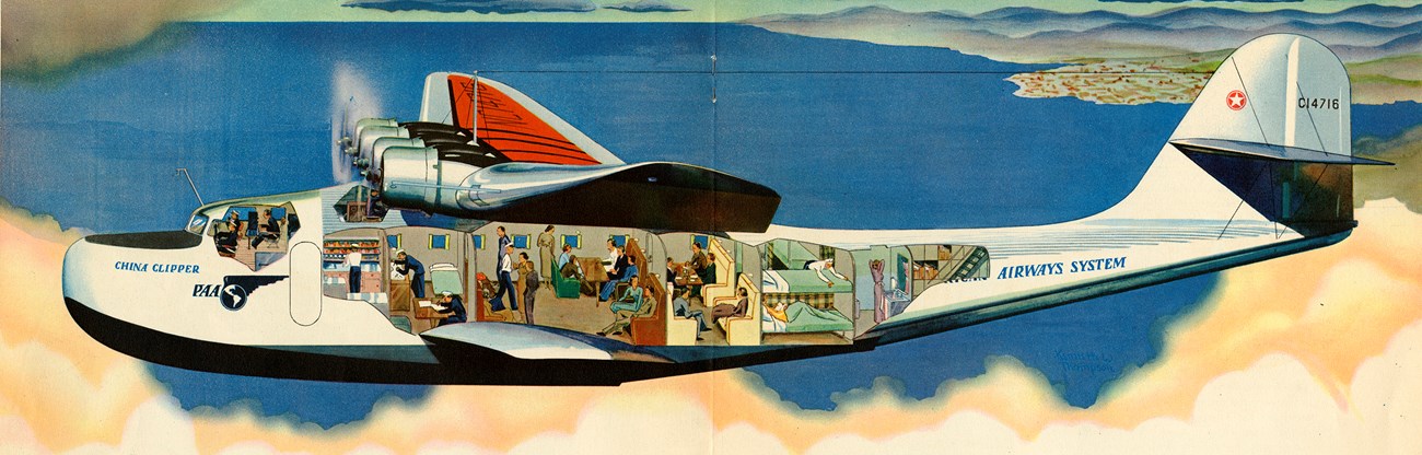 Stylized color image showing Pan Am crew and passengers on board the China Clipper.
