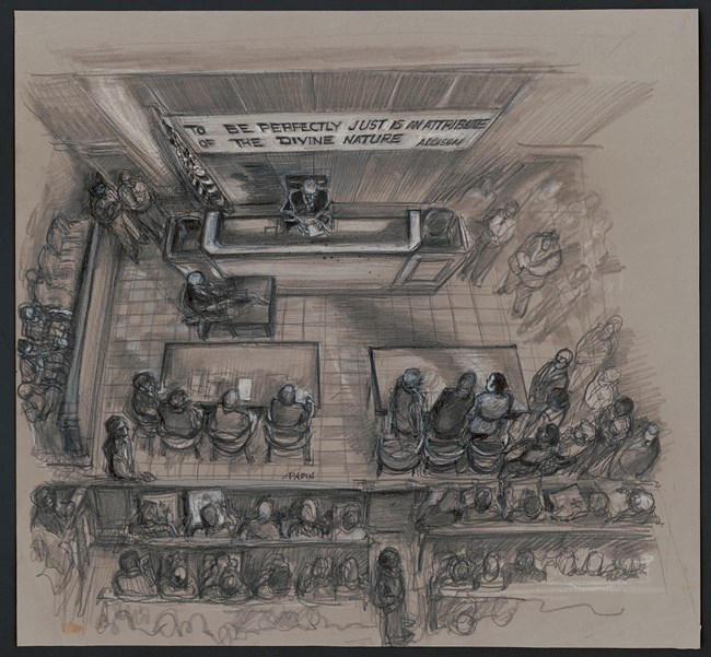 A birds-eye view drawing of a courtroom during a trial