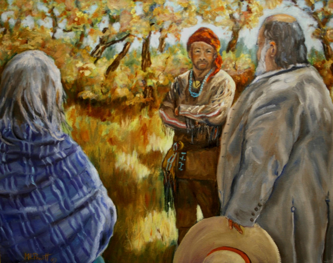 A mountain man talks with a Santa Fe Trial trader in a grassy field