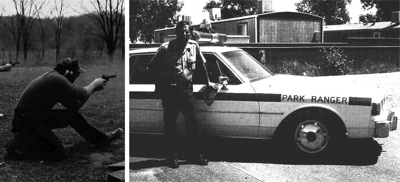 Two black and white photographs. The first shows a man aiming a pistol at an outdoor range. The second shows a man in an NPS ranger uniform standing next to a ranger patrol vehichle.