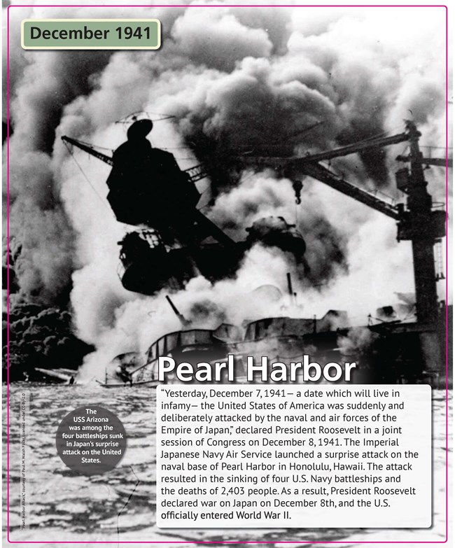 A black-and-white photograph of the USS Arizona badly mangled and listing, engulfed in smoke and flames.