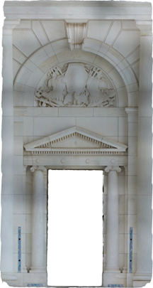 Ortho-rectified image of a monumental highly decorated white marble pedimented doorway with columns and other neo-classical details.