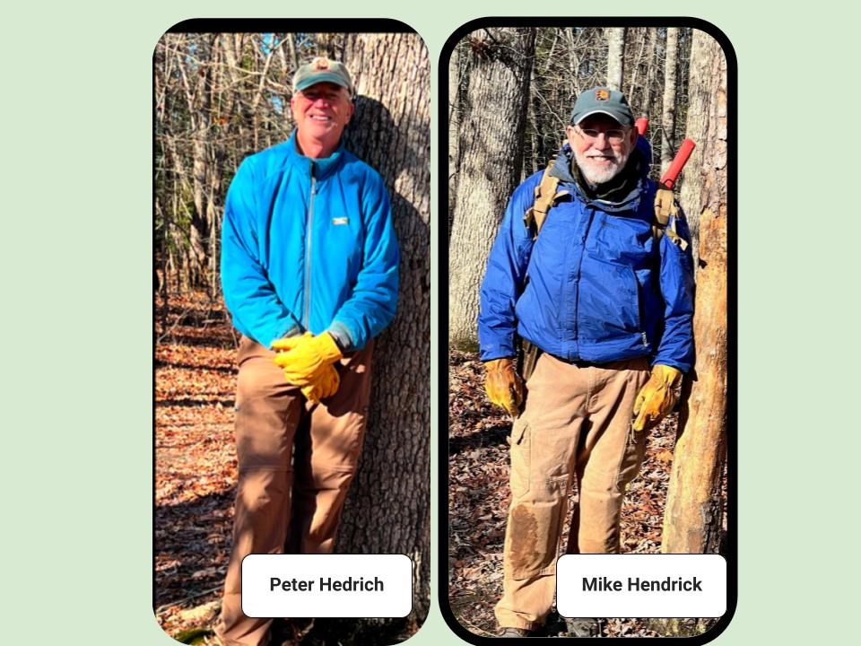 Two photos of trail volunteers in the woods.