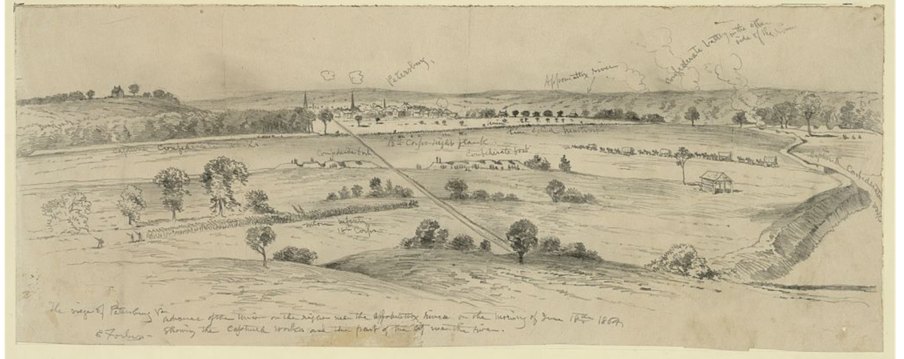 A Civil War era drawing showing scattered patches of trees and earthworks across the landscape of Petersburg, with a narrow road through the center of the landscape. A small tree and a tent are isolated to the right, close to one of the defining earthwork