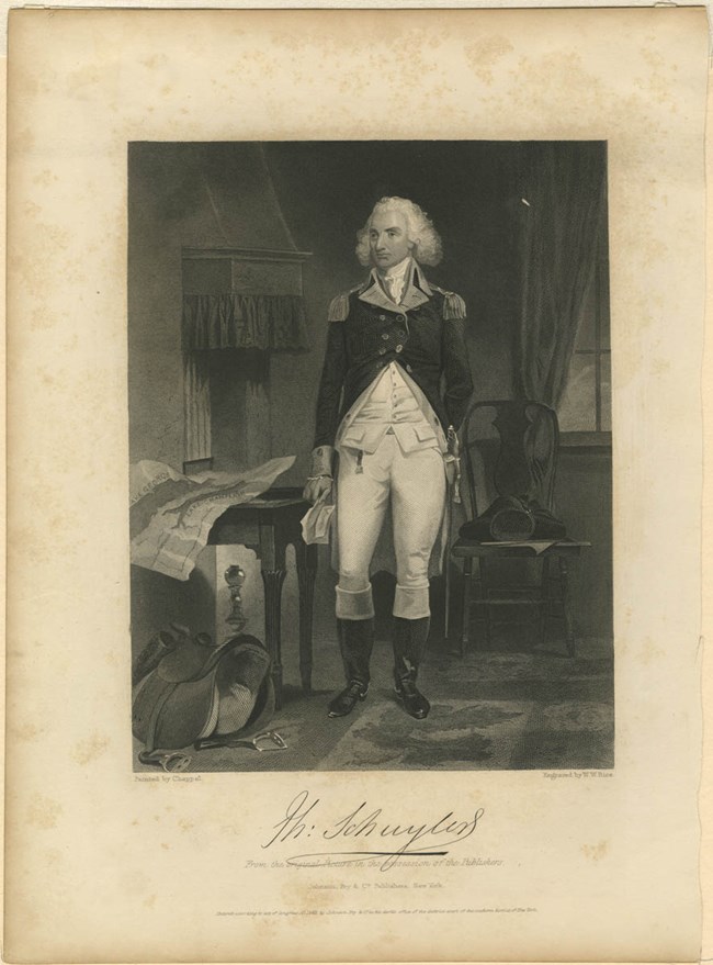 A painting of a man in colonial period clothing and white hair