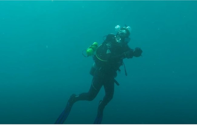 Underwater view of scuba diver